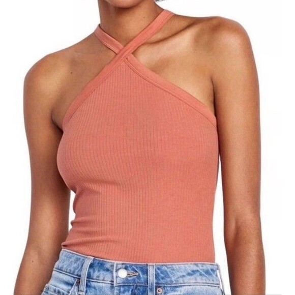 Old Navy Amber Glow Sleeveless Ribbed Halter Tank Shelf Bra XS - Picture 1 of 4